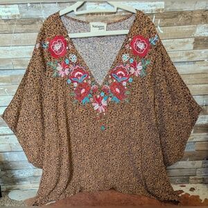 Savannah Jane Brown Leopard Print W Colorful Embroidered Floral Design Top